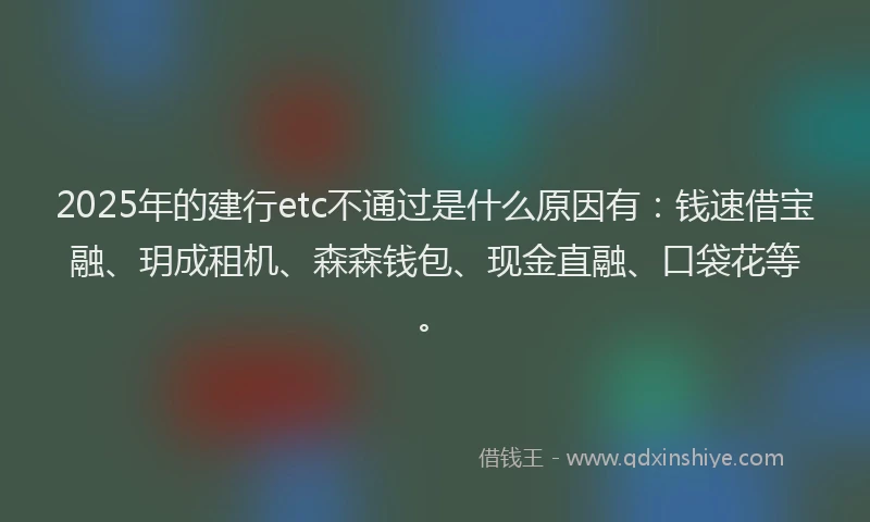 2025年的建行etc不通过是什么原因有：钱速借宝融、玥成租机、森森钱包、现金直融、口袋花等。