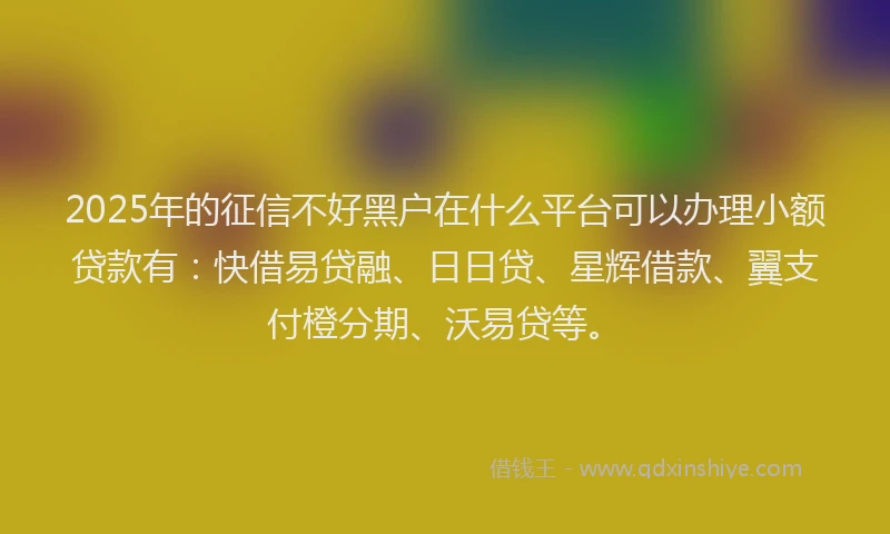 2025年的征信不好黑户在什么平台可以办理小额贷款有：快借易贷融、日日贷、星辉借款、翼支付橙分期、沃易贷等。