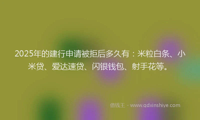 2025年的建行申请被拒后多久有：米粒白条、小米贷、爱达速贷、闪银钱包、射手花等。