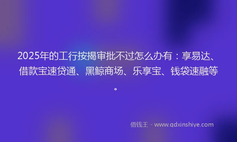 2025年的工行按揭审批不过怎么办有：享易达、借款宝速贷通、黑鲸商场、乐享宝、钱袋速融等。