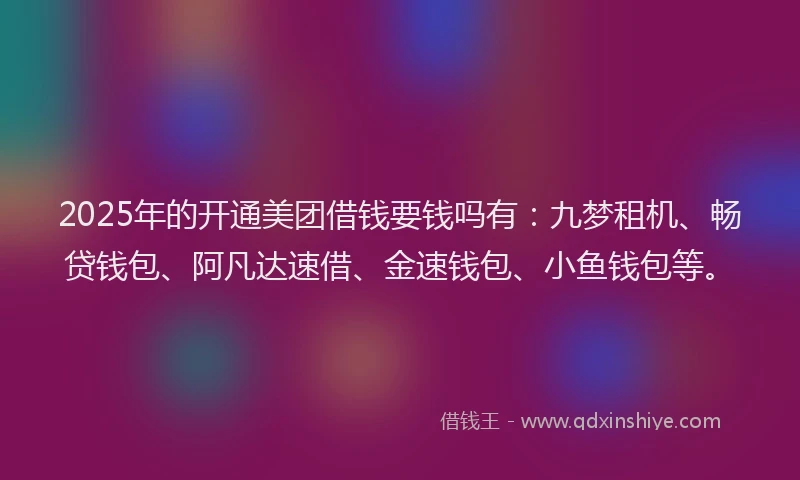 2025年的开通美团借钱要钱吗有：九梦租机、畅贷钱包、阿凡达速借、金速钱包、小鱼钱包等。