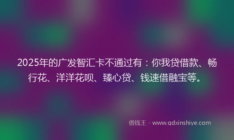 2025年的广发智汇卡不通过有：你我贷借款、畅行花、洋洋花呗、臻心贷、钱速借融宝等。