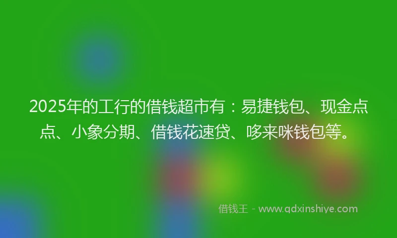 2025年的工行的借钱超市有：易捷钱包、现金点点、小象分期、借钱花速贷、哆来咪钱包等。