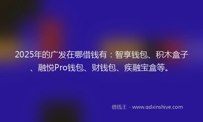 2025年的广发在哪借钱有：智享钱包、积木盒子、融悦Pro钱包、财钱包、疾融宝盒等。