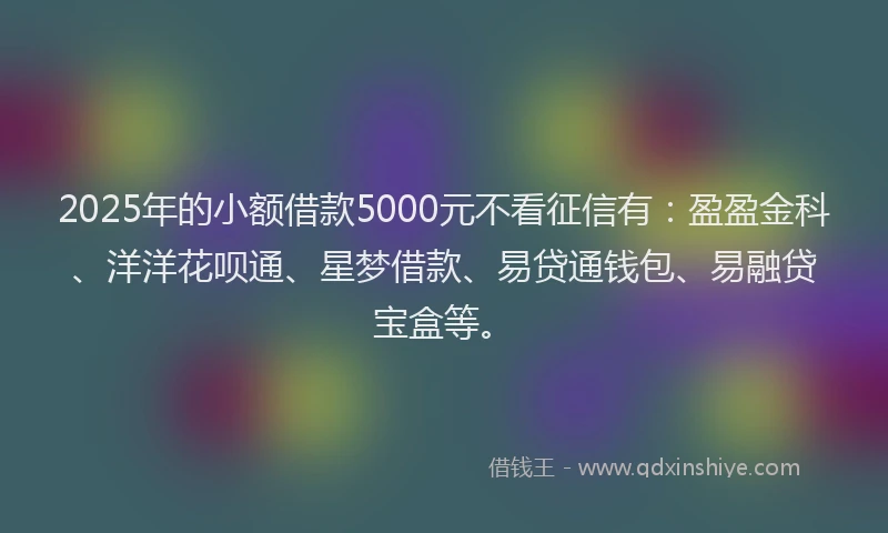 2025年的小额借款5000元不看征信有：盈盈金科、洋洋花呗通、星梦借款、易贷通钱包、易融贷宝盒等。