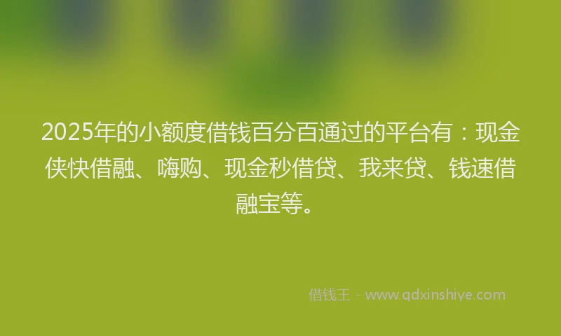 2025年的小额度借钱百分百通过的平台有：现金侠快借融、嗨购、现金秒借贷、我来贷、钱速借融宝等。