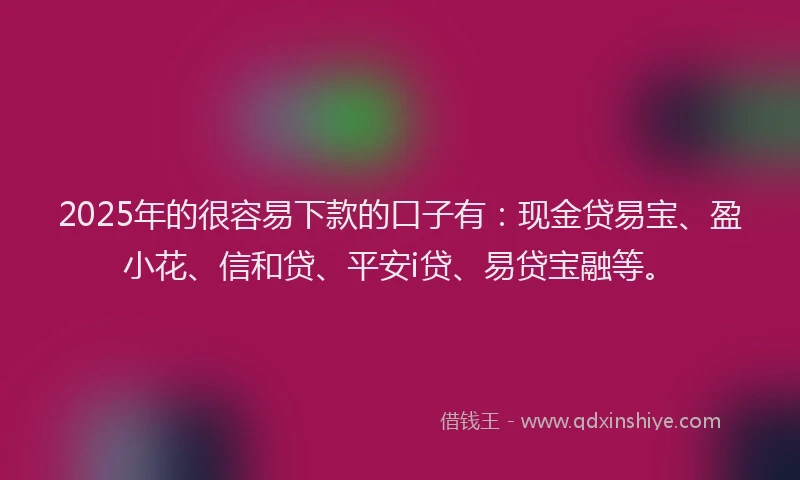 2025年的很容易下款的口子有：现金贷易宝、盈小花、信和贷、平安i贷、易贷宝融等。