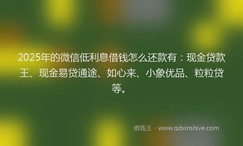 2025年的微信低利息借钱怎么还款有：现金贷款王、现金易贷通途、如心来、小象优品、粒粒贷等。