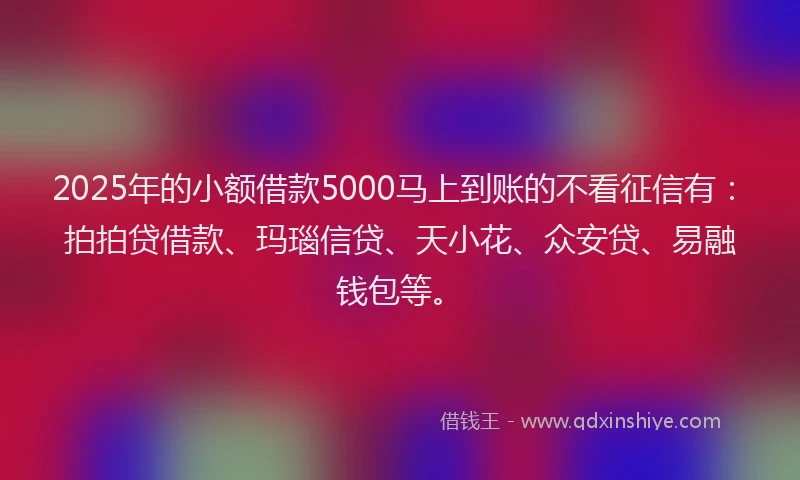 2025年的小额借款5000马上到账的不看征信有：拍拍贷借款、玛瑙信贷、天小花、众安贷、易融钱包等。