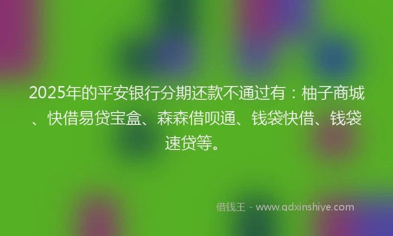 2025年的平安银行分期还款不通过有：柚子商城、快借易贷宝盒、森森借呗通、钱袋快借、钱袋速贷等。