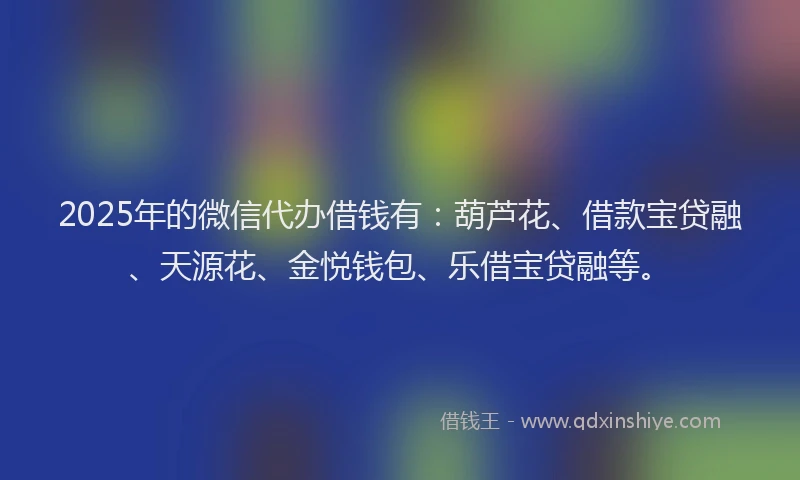 2025年的微信代办借钱有：葫芦花、借款宝贷融、天源花、金悦钱包、乐借宝贷融等。