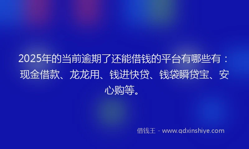 2025年的当前逾期了还能借钱的平台有哪些有：现金借款、龙龙用、钱进快贷、钱袋瞬贷宝、安心购等。