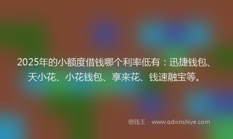 2025年的小额度借钱哪个利率低有：迅捷钱包、天小花、小花钱包、享来花、钱速融宝等。