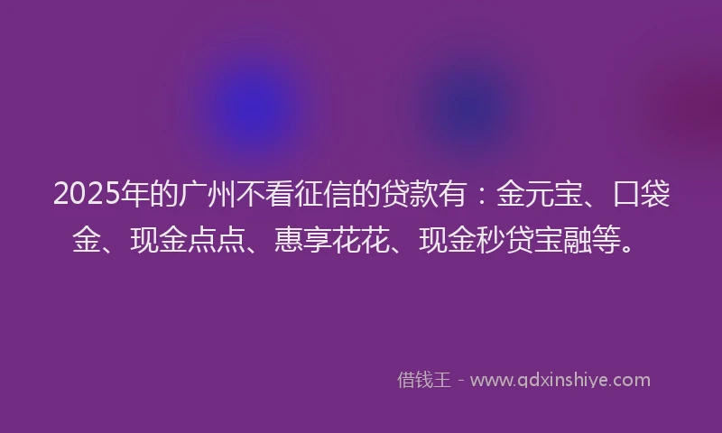 2025年的广州不看征信的贷款有：金元宝、口袋金、现金点点、惠享花花、现金秒贷宝融等。