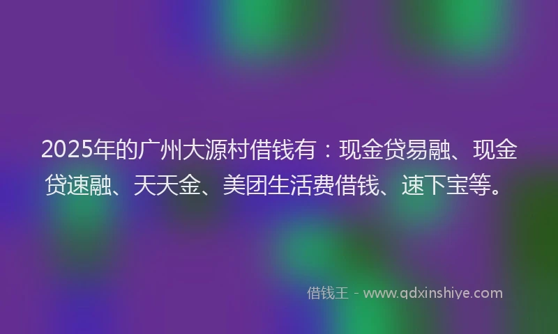 2025年的广州大源村借钱有：现金贷易融、现金贷速融、天天金、美团生活费借钱、速下宝等。