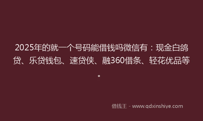 2025年的就一个号码能借钱吗微信有：现金白鸽贷、乐贷钱包、速贷侠、融360借条、轻花优品等。