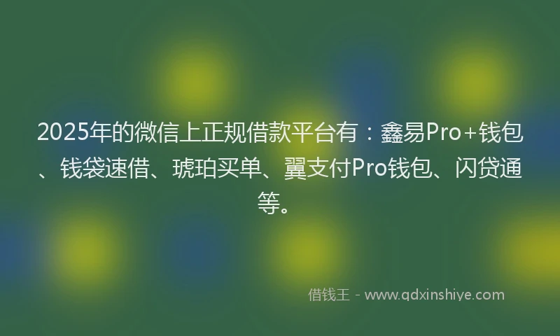 2025年的微信上正规借款平台有：鑫易Pro+钱包、钱袋速借、琥珀买单、翼支付Pro钱包、闪贷通等。