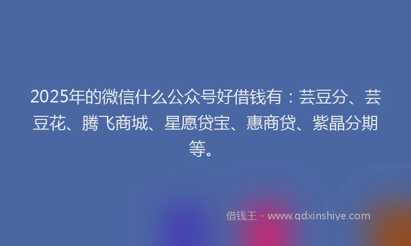 2025年的微信什么公众号好借钱有：芸豆分、芸豆花、腾飞商城、星愿贷宝、惠商贷、紫晶分期等。