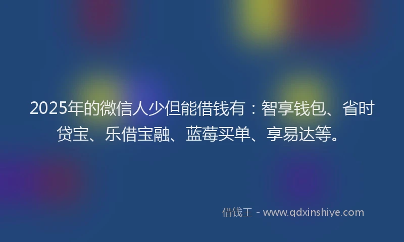 2025年的微信人少但能借钱有：智享钱包、省时贷宝、乐借宝融、蓝莓买单、享易达等。