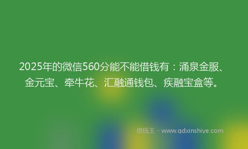 2025年的微信560分能不能借钱有：涌泉金服、金元宝、牵牛花、汇融通钱包、疾融宝盒等。