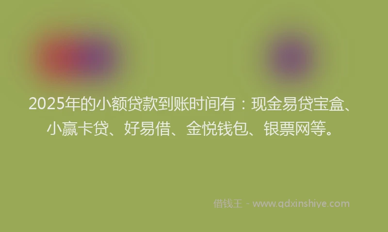 2025年的小额贷款到账时间有：现金易贷宝盒、小赢卡贷、好易借、金悦钱包、银票网等。