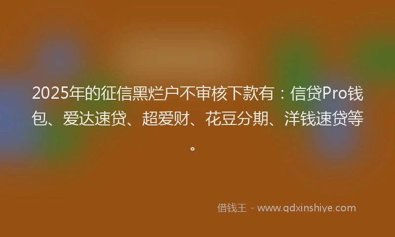 2025年的征信黑烂户不审核下款有：信贷Pro钱包、爱达速贷、超爱财、花豆分期、洋钱速贷等。