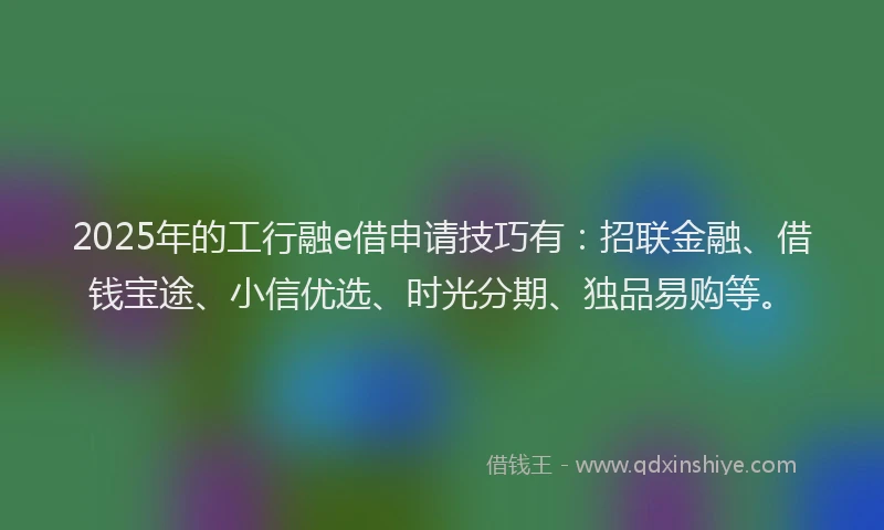 2025年的工行融e借申请技巧有：招联金融、借钱宝途、小信优选、时光分期、独品易购等。