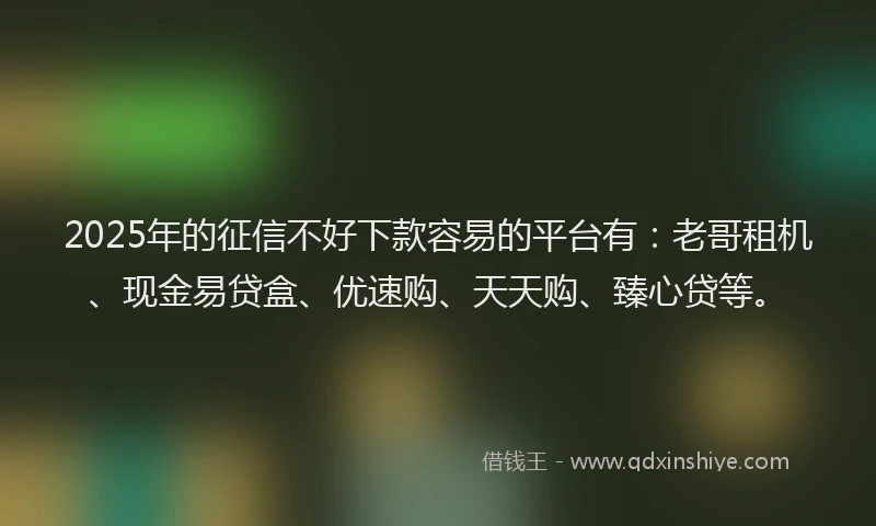 2025年的征信不好下款容易的平台有：老哥租机、现金易贷盒、优速购、天天购、臻心贷等。