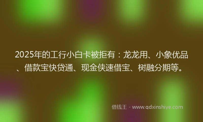2025年的工行小白卡被拒有：龙龙用、小象优品、借款宝快贷通、现金侠速借宝、树融分期等。