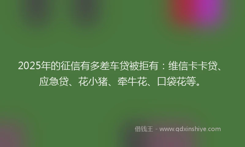 2025年的征信有多差车贷被拒有：维信卡卡贷、应急贷、花小猪、牵牛花、口袋花等。