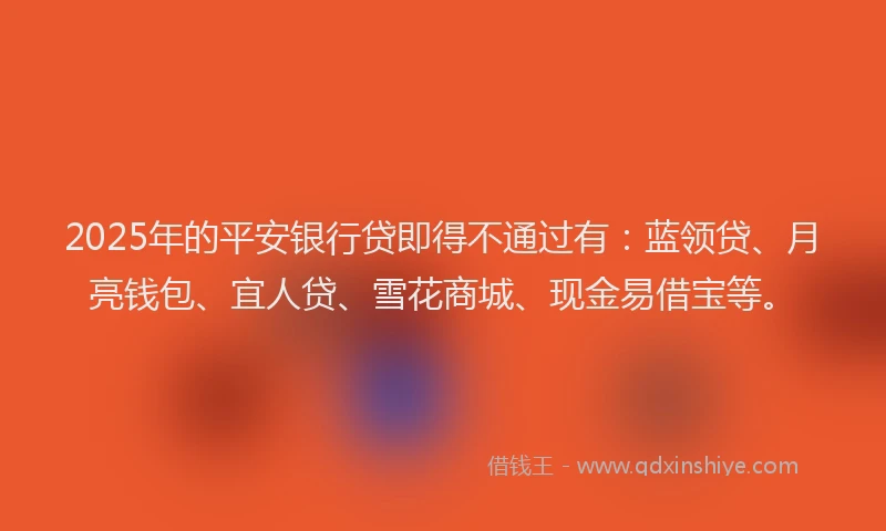 2025年的平安银行贷即得不通过有：蓝领贷、月亮钱包、宜人贷、雪花商城、现金易借宝等。