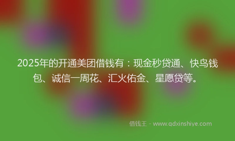 2025年的开通美团借钱有：现金秒贷通、快鸟钱包、诚信一周花、汇火佑金、星愿贷等。