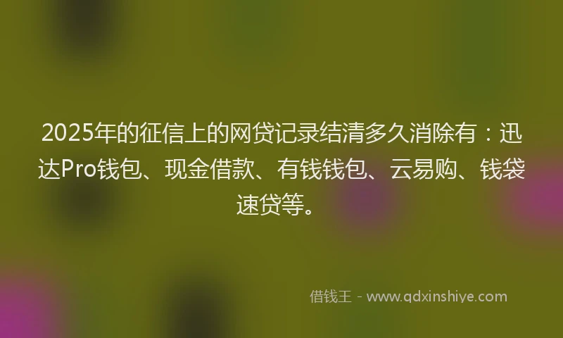 2025年的征信上的网贷记录结清多久消除有：迅达Pro钱包、现金借款、有钱钱包、云易购、钱袋速贷等。
