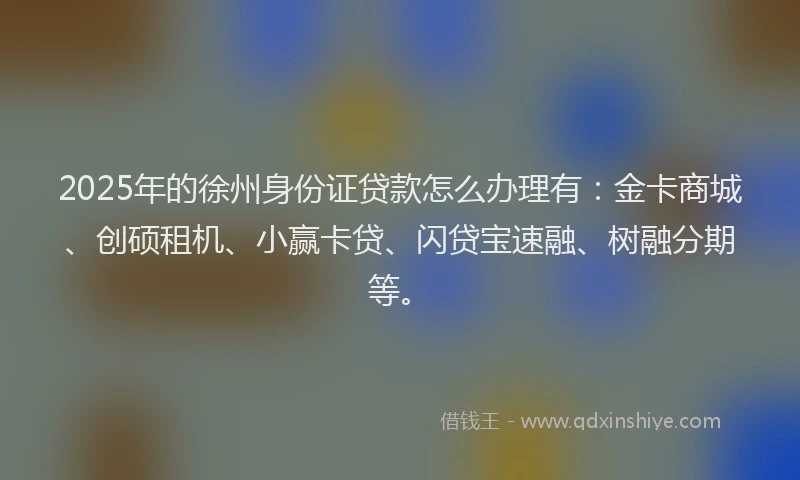 2025年的徐州身份证贷款怎么办理有：金卡商城、创硕租机、小赢卡贷、闪贷宝速融、树融分期等。