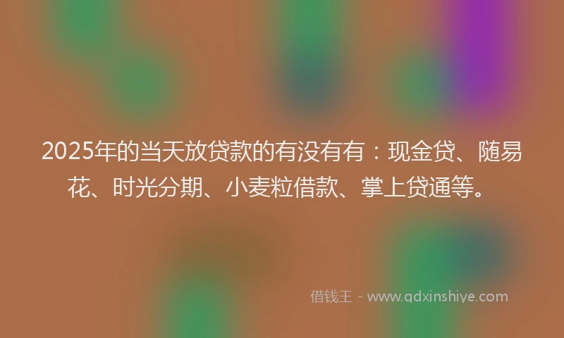 2025年的当天放贷款的有没有有：现金贷、随易花、时光分期、小麦粒借款、掌上贷通等。
