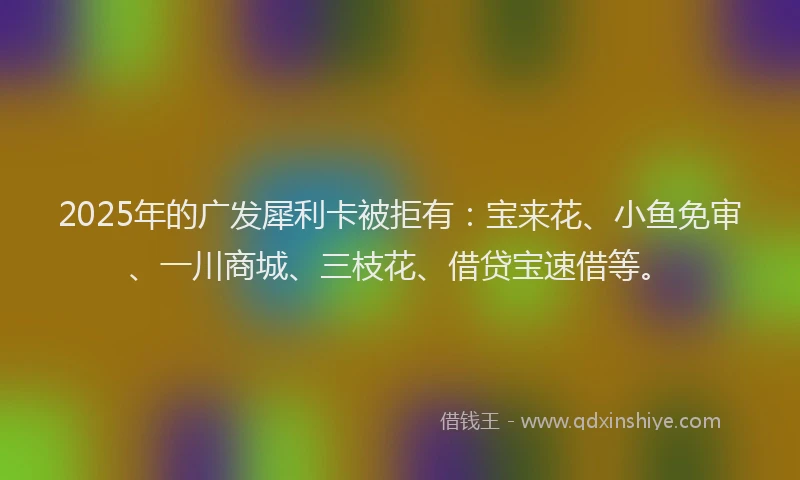2025年的广发犀利卡被拒有：宝来花、小鱼免审、一川商城、三枝花、借贷宝速借等。