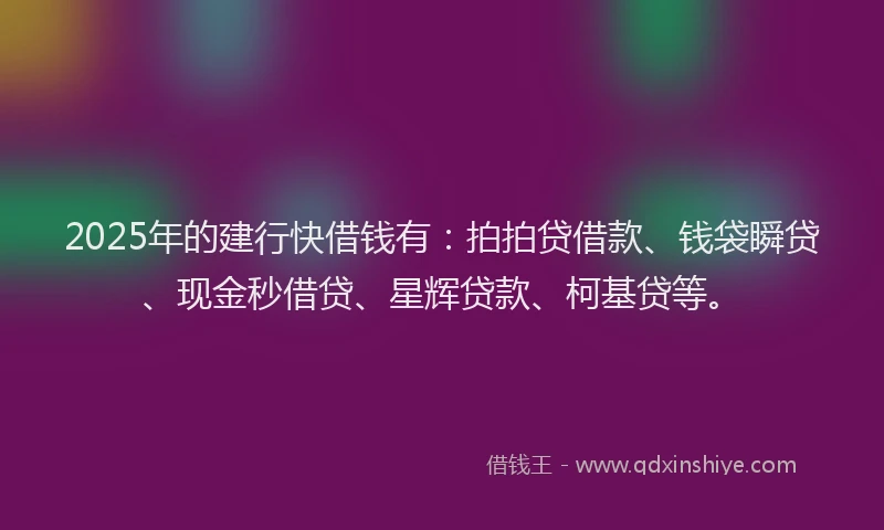 2025年的建行快借钱有：拍拍贷借款、钱袋瞬贷、现金秒借贷、星辉贷款、柯基贷等。