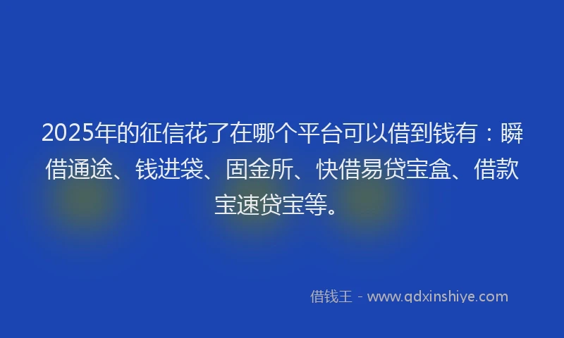 2025年的征信花了在哪个平台可以借到钱有：瞬借通途、钱进袋、固金所、快借易贷宝盒、借款宝速贷宝等。