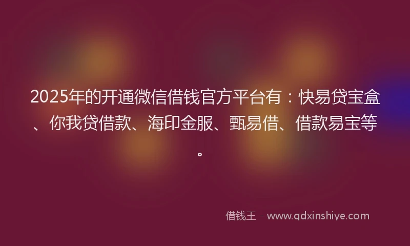 2025年的开通微信借钱官方平台有：快易贷宝盒、你我贷借款、海印金服、甄易借、借款易宝等。