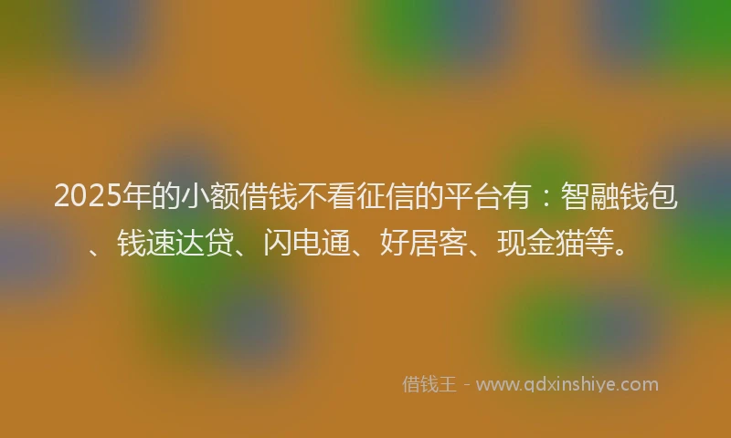 2025年的小额借钱不看征信的平台有：智融钱包、钱速达贷、闪电通、好居客、现金猫等。