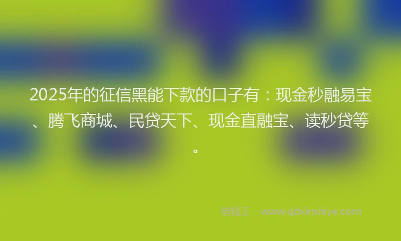 2025年的征信黑能下款的口子有：现金秒融易宝、腾飞商城、民贷天下、现金直融宝、读秒贷等。