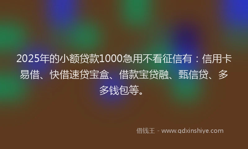 2025年的小额贷款1000急用不看征信有：信用卡易借、快借速贷宝盒、借款宝贷融、甄信贷、多多钱包等。