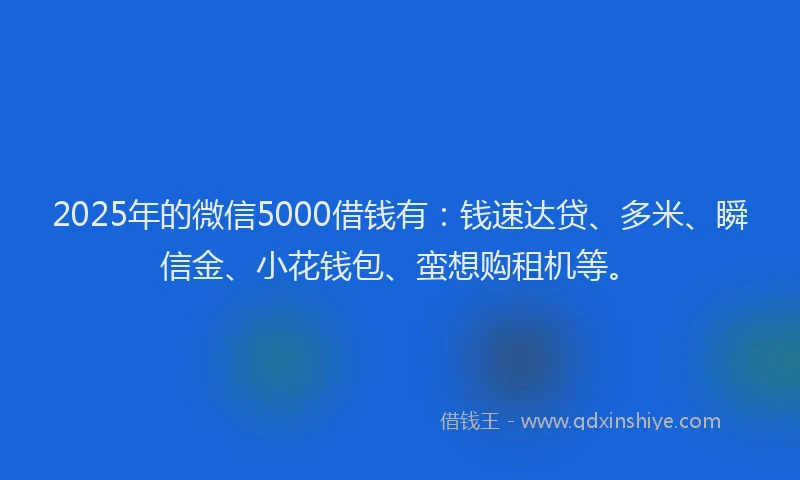 2025年的微信5000借钱有：钱速达贷、多米、瞬信金、小花钱包、蛮想购租机等。