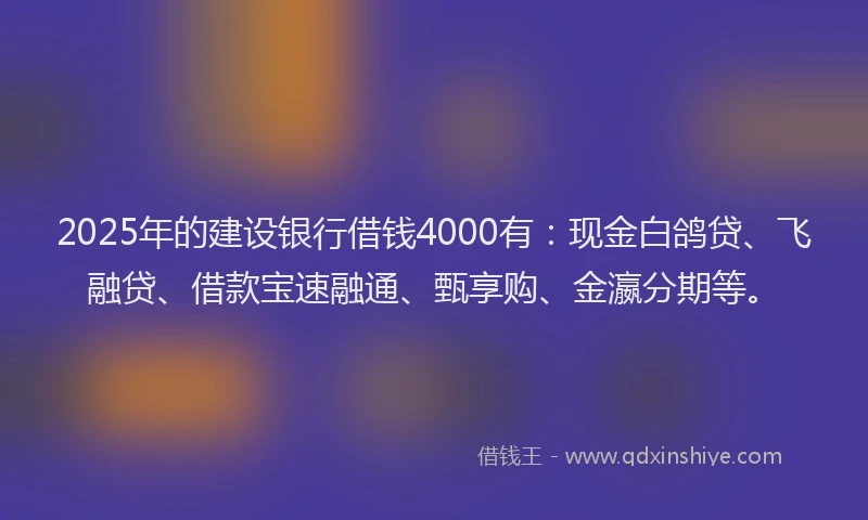 2025年的建设银行借钱4000有：现金白鸽贷、飞融贷、借款宝速融通、甄享购、金瀛分期等。