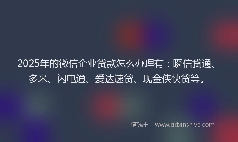 2025年的微信企业贷款怎么办理有：瞬信贷通、多米、闪电通、爱达速贷、现金侠快贷等。