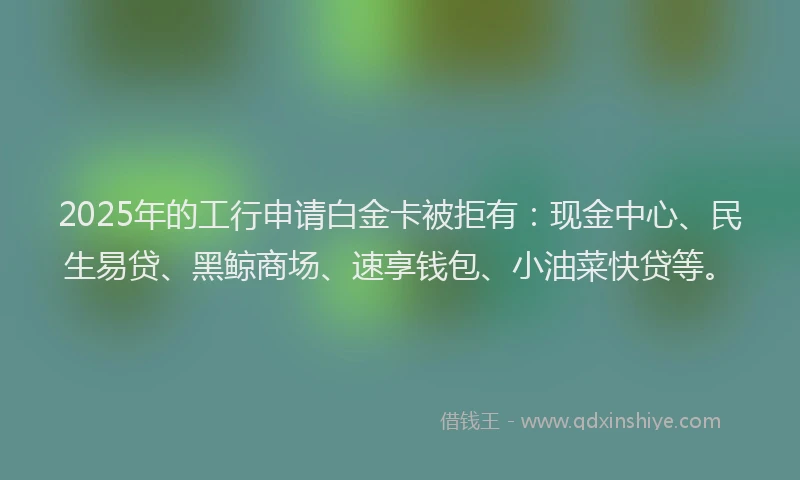 2025年的工行申请白金卡被拒有：现金中心、民生易贷、黑鲸商场、速享钱包、小油菜快贷等。
