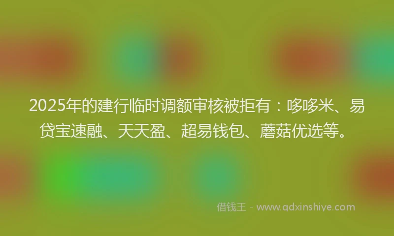 2025年的建行临时调额审核被拒有：哆哆米、易贷宝速融、天天盈、超易钱包、蘑菇优选等。