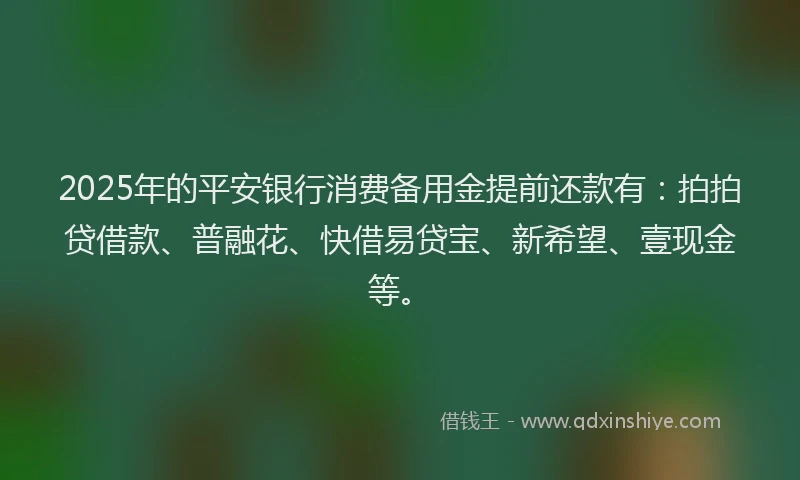 2025年的平安银行消费备用金提前还款有：拍拍贷借款、普融花、快借易贷宝、新希望、壹现金等。