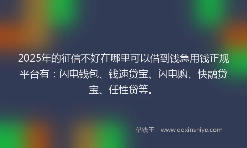 2025年的征信不好在哪里可以借到钱急用钱正规平台有：闪电钱包、钱速贷宝、闪电购、快融贷宝、任性贷等。