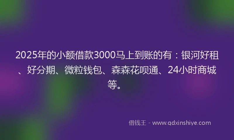 2025年的小额借款3000马上到账的有：银河好租、好分期、微粒钱包、森森花呗通、24小时商城等。